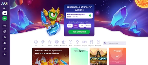 Startseite von AlfCasino mit einem Willkommenspaket von €800 + 300 FS